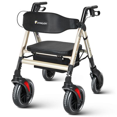 FlyingJoy Rollator Walker with Seat,450Lb Rolling Walker, Extra-Wide Heavy-Duty Rollator Walker with Seat and Brakes for Seniors and Adults Bariatric with Large Aluminum (Champagne)