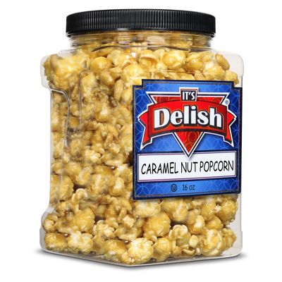 Gourmet Caramel Nut Popcorn with Peanuts by Its Delish, 16 OZ Jumbo Container Caramel Air Popped Sweet Crunchy Glazed Carmel Corn With Nuts Snack - Gluten Free, Vegan, Kosher, 1 Count