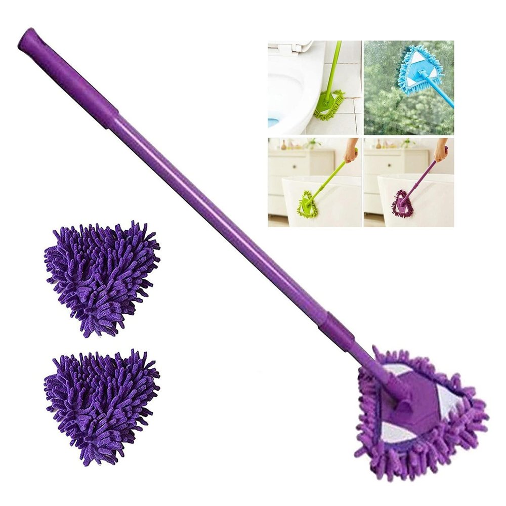 2022 New Rotatable Adjustable Triangle Cleaning Mop with 2 Mop Replacement Heads, 180 Degree Spin Triangle Wall Cleaning Mop, Microfiber Ecloth Mops Wet and Dry for Bathroom Floor Wall Bed (Purple)