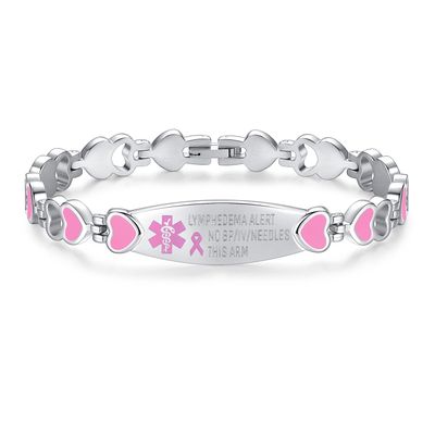 LinnaLove Lymphedema Alert Bracelets no bp/iv/needles this arm Stainless Steel Medical id Bracelets for Women (Heart)
