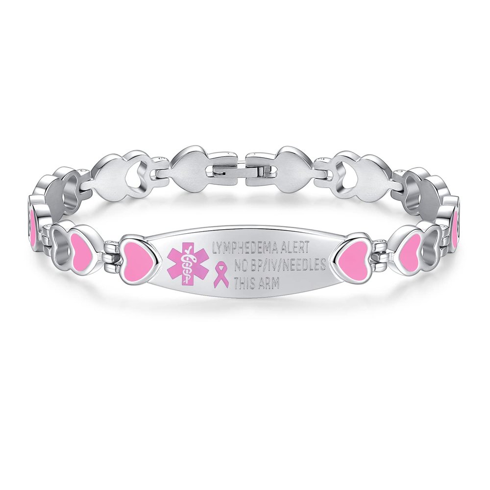 LinnaLove Lymphedema Alert Bracelets no bp/iv/needles this arm Stainless Steel Medical id Bracelets for Women (Heart)
