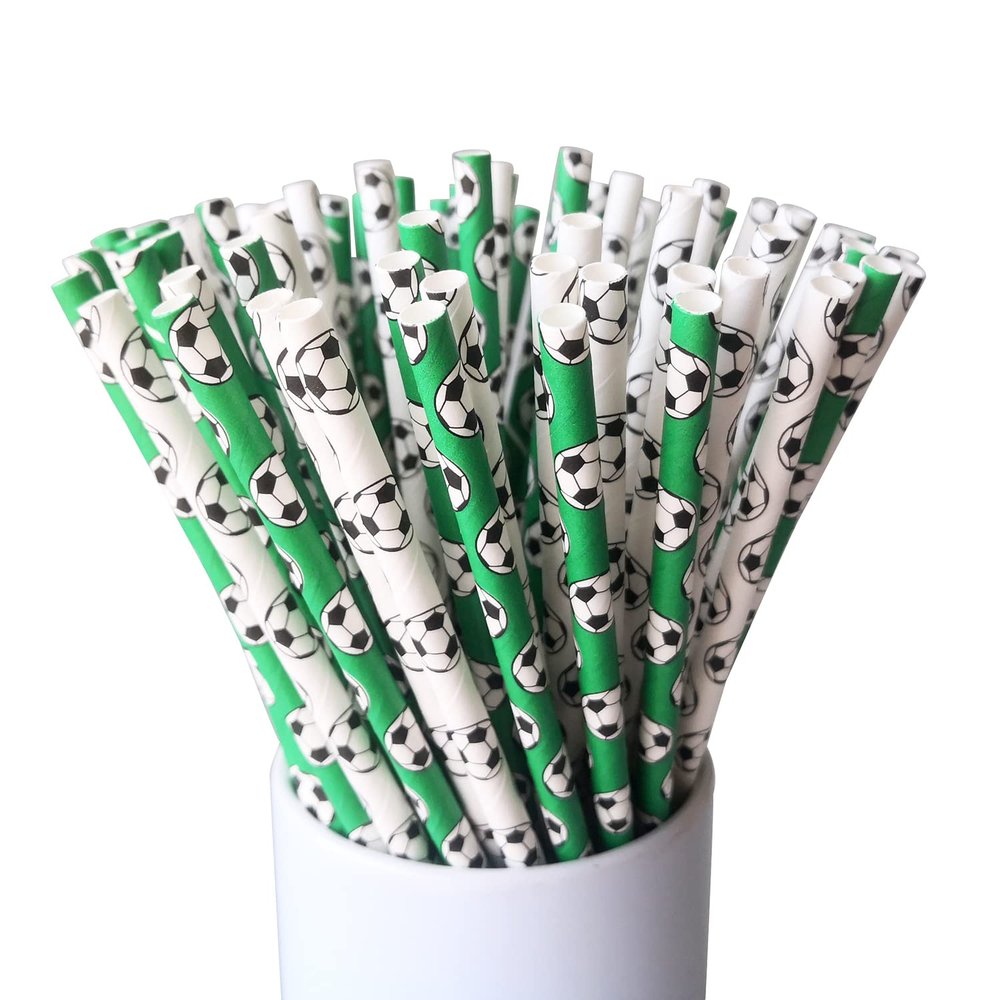 CTIGERS Soccer Football Party Paper Straws Black and Green Patterns 2 Color Mixed Biodegradable Drinking Straws Box of 100
