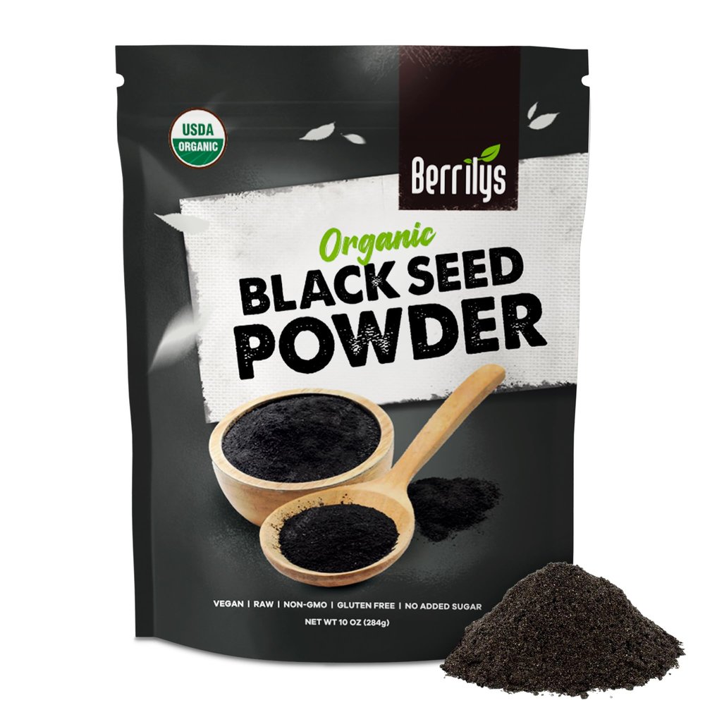 Berrilys Organic Black Seed Powder - Nigella Sativa, Ground Kalonji, Black Cumin for Baking, Bread Making, Cooking, Smoothies, Curries, Soups, Salads, & Stews - Nutritious- Resealable - 10 Oz