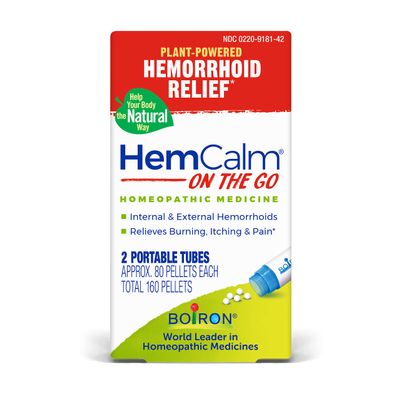 Boiron HemCalm On The Go Travel Essential for Hemorrhoid Relief of Pain, Itching, Swelling or Discomfort - 2 Count (160 Pellets)