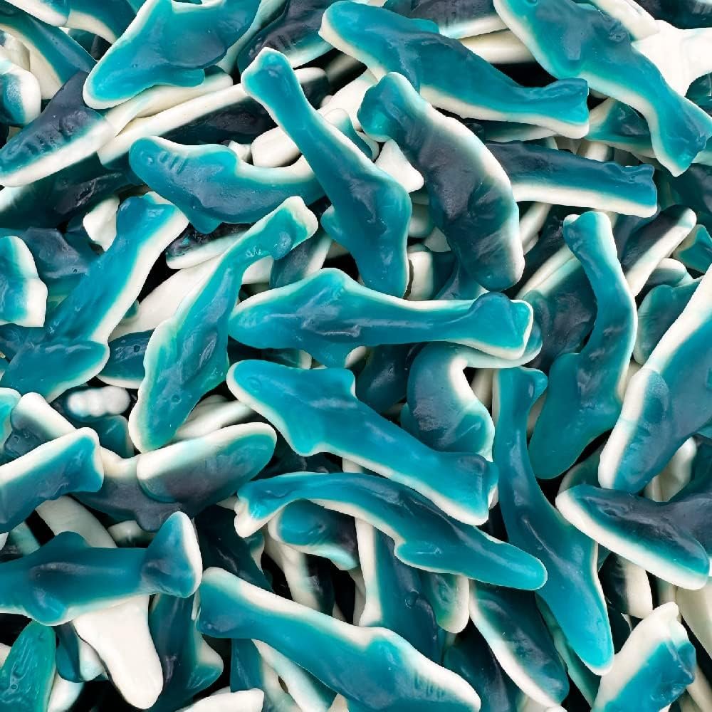 Blue Sharks Gummy Candy | 1 Pound Bag | Gummy Fish in Blue Raspberry and Vanilla Flavors | Chewy Shark Candy for Parties, Goody Bags, and Themed Events