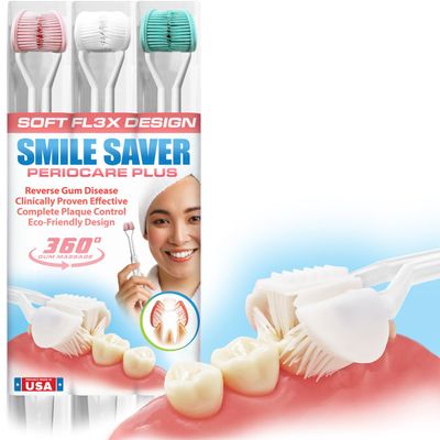 Smile Saver 360 Periocare 3D | Three 3-Sided Toothbrush for Gum Health Massage Therapy | Sustainable U-Shaped Triple Perio Sensitive Soft Bristle Heads + Tongue Scraper Fresh Breath Approved | USA
