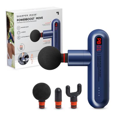 Sharper Image Powerboost Move - Mini Percussion Massage Gun| 4 Attachments, 4 Speeds, FSA Eligible| Full Body Back & Shoulder Massager| Deep Tissue Muscle Recovery| Portable Pain Relief Massage Tool