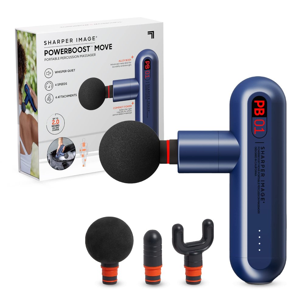 Sharper Image Powerboost Move - Mini Percussion Massage Gun| 4 Attachments, 4 Speeds, FSA Eligible| Full Body Back & Shoulder Massager| Deep Tissue Muscle Recovery| Portable Pain Relief Massage Tool