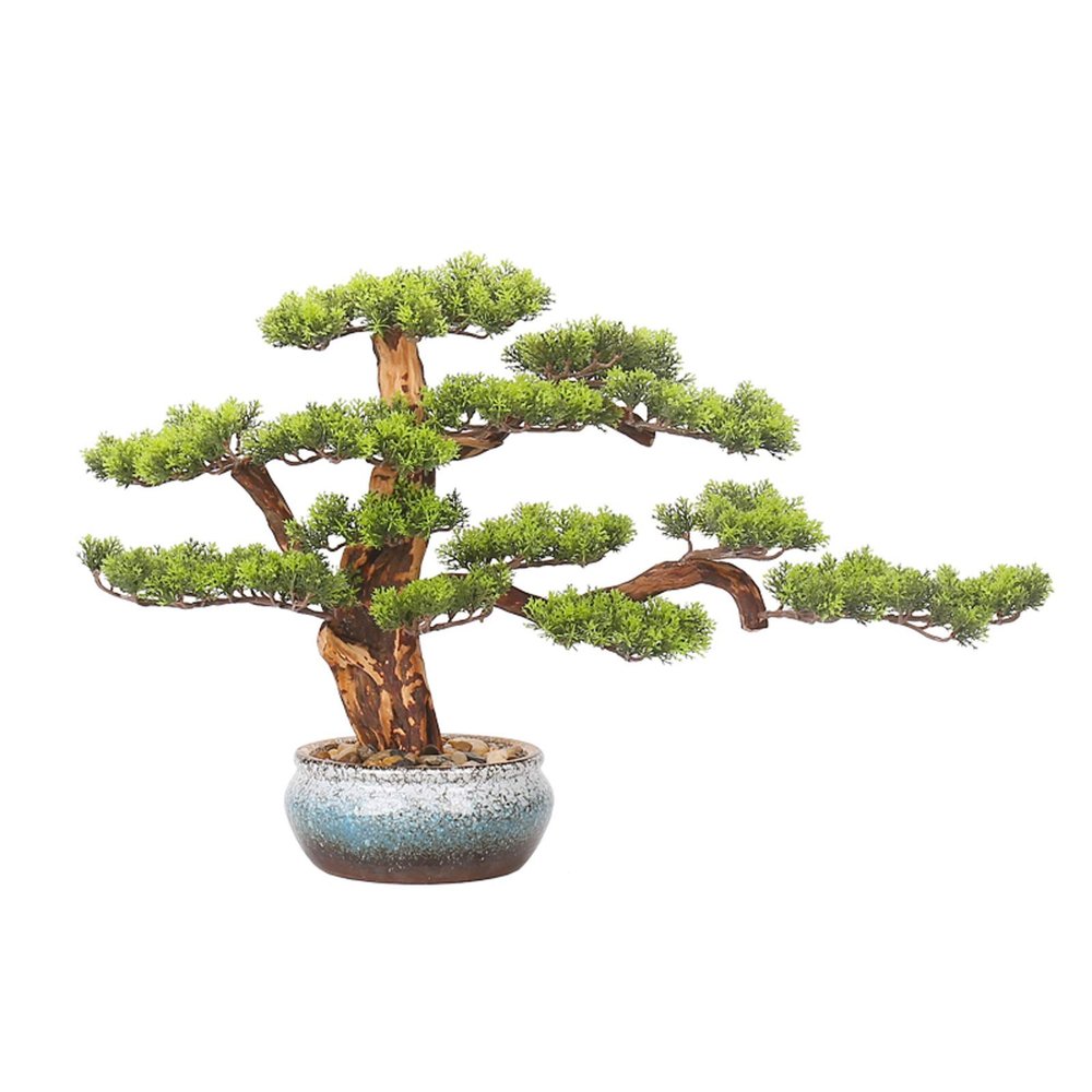 Indoors Artificial Trees Faux Bonsai Tree Houseplant, Pine Bonsai Plant Ceramics Round Pot, Pebbles Used for Home Living Room Entrance Office Hotel Decoration Artificial Bonsai