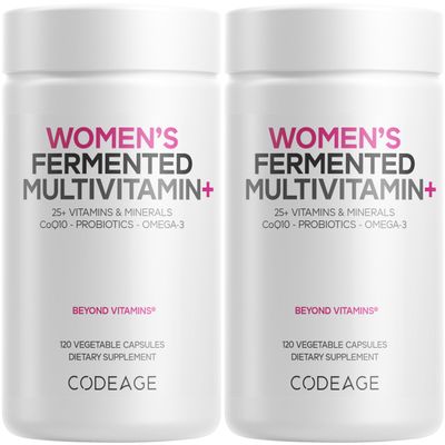 Codeage Womens Daily Multivitamin, 25+ Vitamins & Minerals, Fermented, Organic Whole Foods, Probiotics Supplement - Vitamin A, B, C, D, E & K, Omega 3, Zinc Vegan - 2 Pack