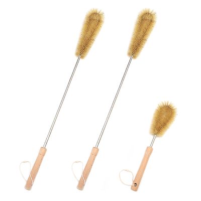 UPTALY 3 pcs Extra Long Brushes with Beech Wood Handle(24''/24''/12''), Bristle Kitchen Brush with Stainless Steel Pole, for Tall Bottle, Gallon Water Jug, Big Vessels, Floor Vase, Tall Flower Pot