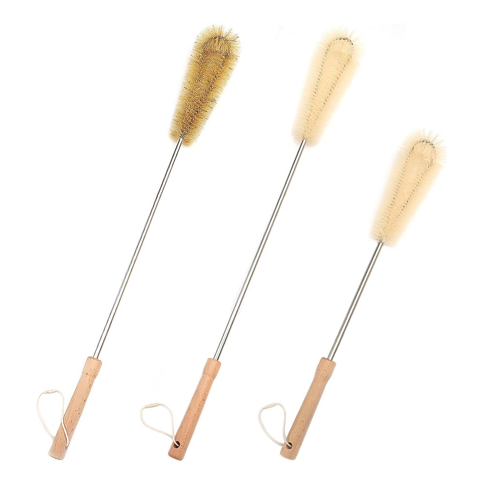 UPTALY 3 pcs Extra Long Brushes with Beech Wood Handle(24''/24''/19''), Nylon Brush with Extended Handle, Bristle Brush with Stainless Steel Pole, for Tall Bottle, Gallon Water Jug, Big Vessels