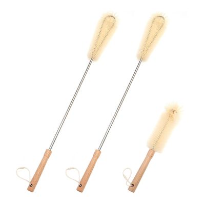 UPTALY 3 pcs Extra Long Brushes with Beech Wood Handle(24''/24''/12''), Nylon Brush with Extended Handle, Brush with Stainless Steel Pole, for Tall Bottle, Gallon Water Jug, Big Vessels