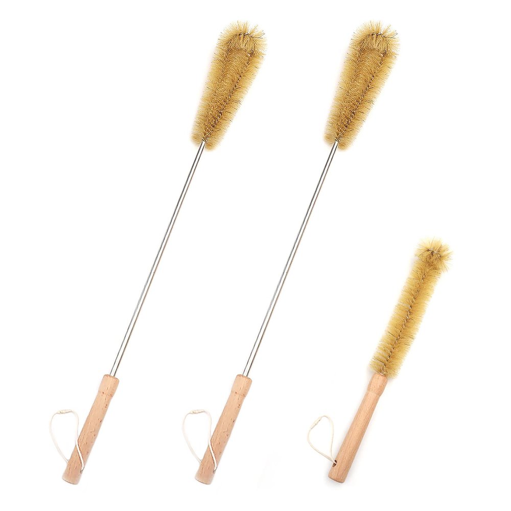 UPTALY 3 pcs Extra Long Brushes with Beech Wood Handle(24''/24''/13''), Bristle Brush with Extended Handle, Brush with Stainless Steel Pole, for Tall Bottle, Gallon Water Jug, Big Vessels