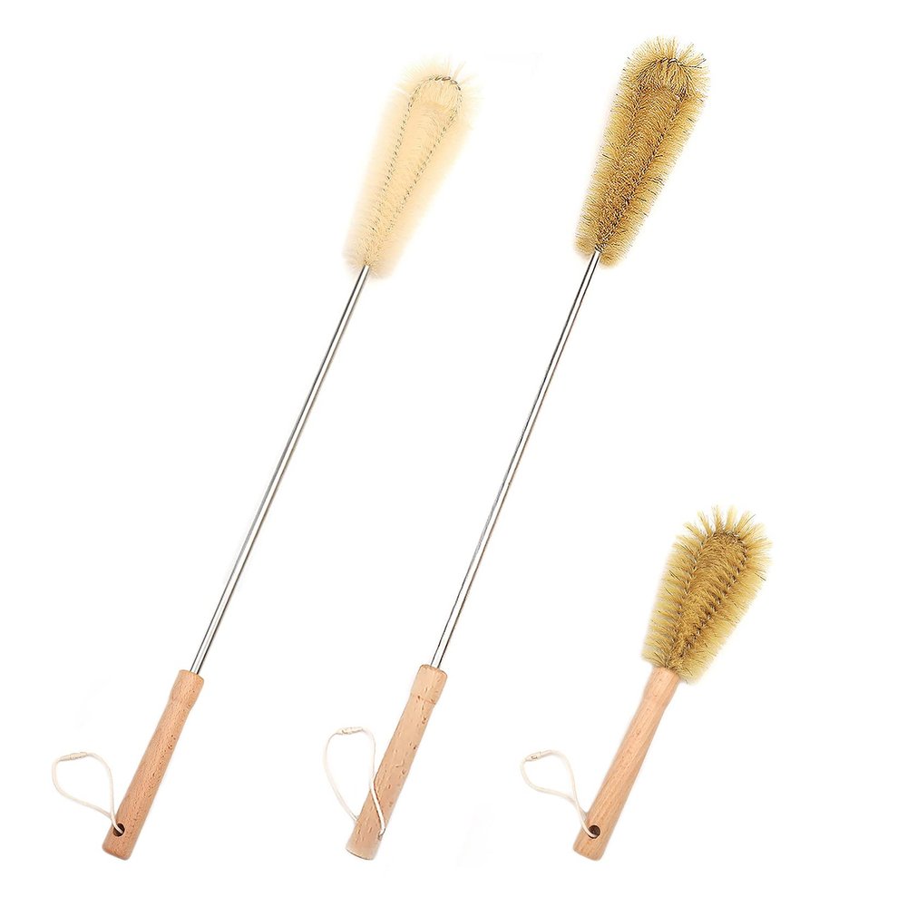 UPTALY 3 pcs Extra Long Brushes with Beech Wood Handle(24''/24''/10''), Bristle Brush with Extended Handle, Nylon Brush with Stainless Steel Pole, for Tall Bottle, Gallon Water Jug, Big Vessels