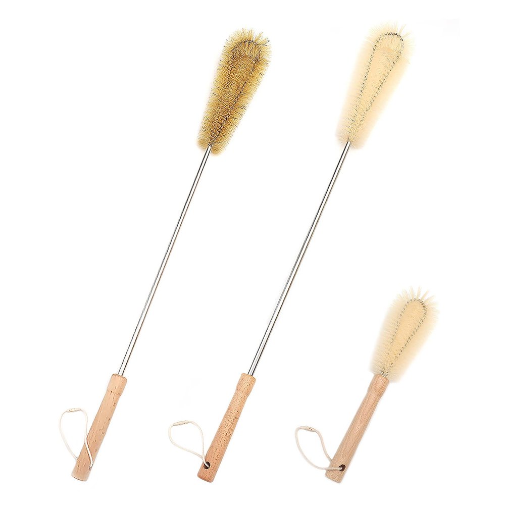UPTALY 3 pcs Extra Long Brushes with Beech Wood Handle(24''/24''/10''), Bristle Brush with Extended Handle, Nylon Brush with Stainless Steel Pole, for Tall Bottle, Gallon Water Jug, Big Vessels