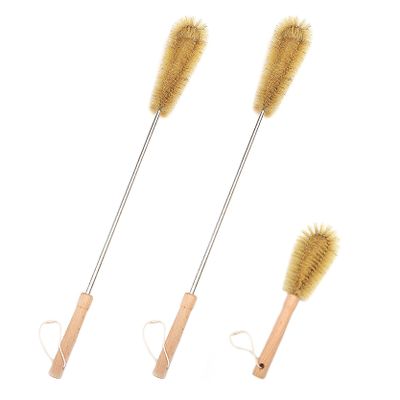 UPTALY 3 pcs Extra Long Brushes with Beech Wood Handle(24''/24''/10''), Bristle Brush with Extended Handle, Brush with Stainless Steel Pole, for Tall Bottle, Gallon Water Jug, Big Vessels