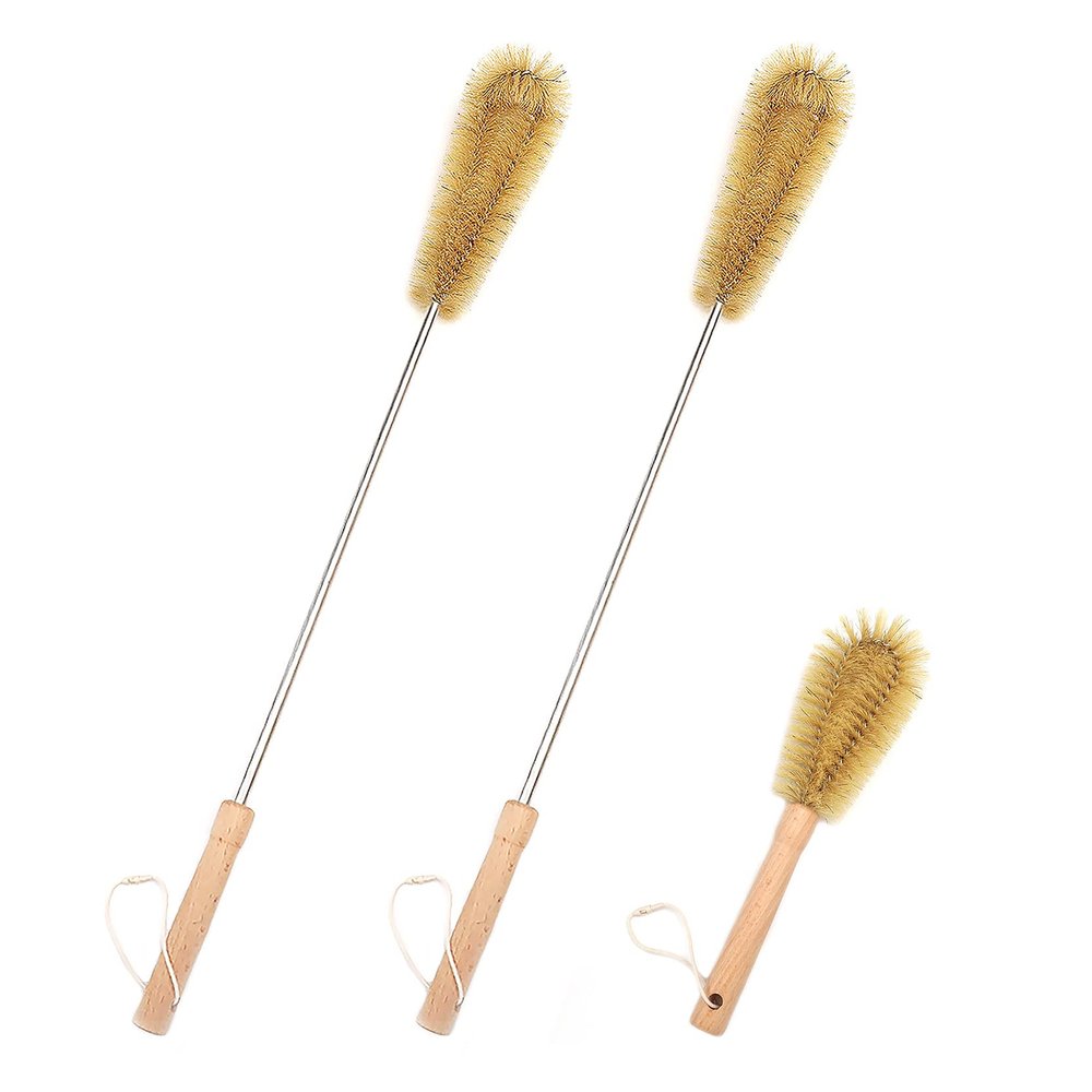 UPTALY 3 pcs Extra Long Brushes with Beech Wood Handle(24''/24''/10''), Bristle Brush with Extended Handle, Brush with Stainless Steel Pole, for Tall Bottle, Gallon Water Jug, Big Vessels
