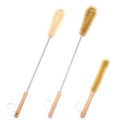 UPTALY 3 pcs Extra Long Brushes with Beech Wood Handle(24''/24''/13''), Elbow Nylon Brush, Pig Bristle Washing Brush with Wooden Handle, Kitchen Cleaning, Spider Web Brush with Stainless Steel Pole