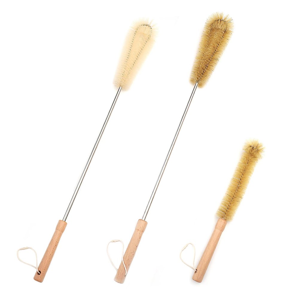 UPTALY 3 pcs Extra Long Brushes with Beech Wood Handle(24''/24''/13''), Elbow Nylon Brush, Pig Bristle Washing Brush with Wooden Handle, Kitchen Cleaning, Spider Web Brush with Stainless Steel Pole