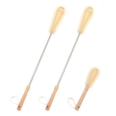 UPTALY 3 pcs Extra Long Brushes with Beech Wood Handle(24''/24''/10''), Nylon Brush with Extended Handle, Brush with Stainless Steel Pole, for Tall Bottle, Gallon Water Jug, Big Vessels