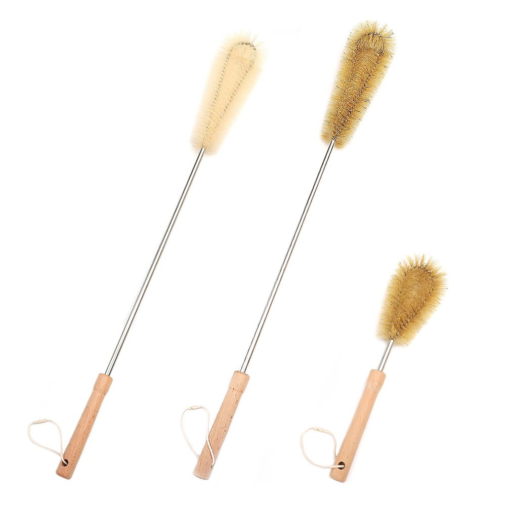 UPTALY 3 pcs Extra Long Bristle Brushes with Beech Wood Handle(24''/24''/12''), Nylon Kitchen Brush with Stainless Steel Pole, for Tall Bottle, Gallon Water Jug, Big Vessels, Floor Vase