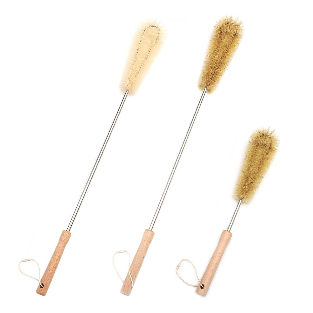 UPTALY 3 pcs Extra Long Brushes with Beech Wood Handle(24''/24''/15''), Bristle Brush with Extended Handle, Nylon Brush with Stainless Steel Pole, for Tall Bottle, Gallon Water Jug, Big Vessels