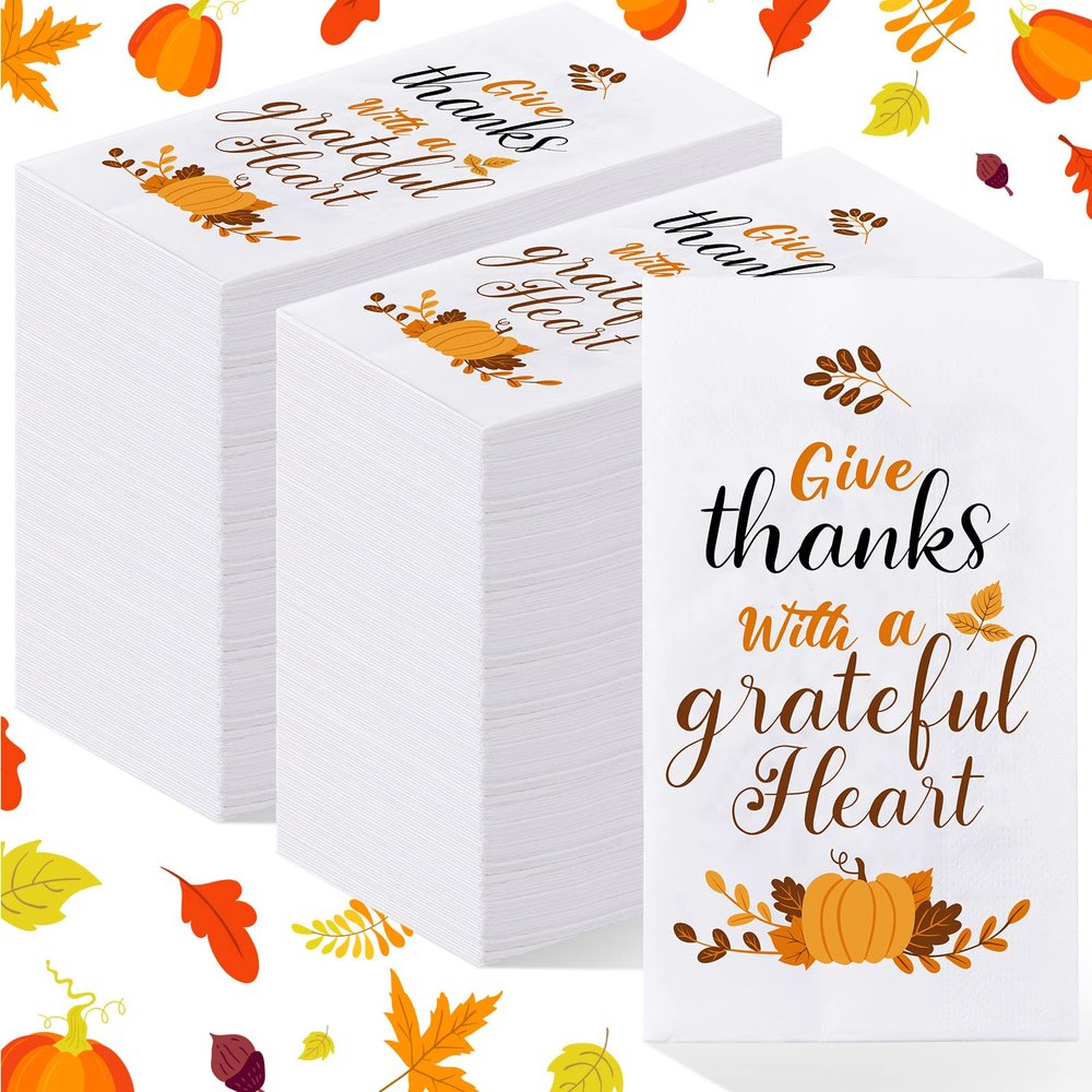 Crtiin 200 Ps Thanksgiving Fall Disposable Napkins Paper, Pumpkin Garland Autumn Maple Leaves Thanksgiving Napkins Hand Towels Dinner for Kitchen Home Party Supplies Table Decor (Heart Style)