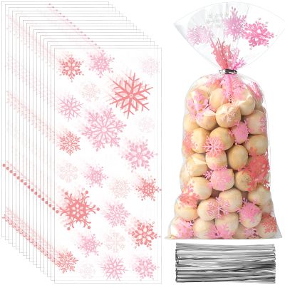 Clabby 100 Pcs Christmas Cellophane Treat Bags Red Green Snowflake Cello Plastic Candy Goodie Bags with Twist Ties for Winter Holiday Xmas Party Favor Supplies(Pink)