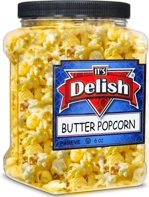 It's Delish Gourmet Butter Popcorn, 6 Oz Reusable Jumbo Container Jar | Vegan Butter Flavored Popcorn | Air Popped Pop Corn Healthy Snacks | Gluten Free, Non-Dairy, Vegan, Kosher, Yellow, White