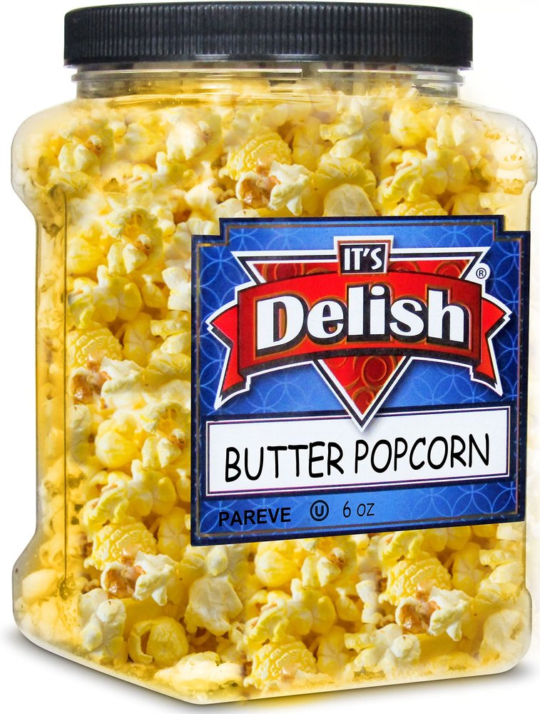 It's Delish Gourmet Butter Popcorn, 6 Oz Reusable Jumbo Container Jar | Vegan Butter Flavored Popcorn | Air Popped Pop Corn Healthy Snacks | Gluten Free, Non-Dairy, Vegan, Kosher, Yellow, White
