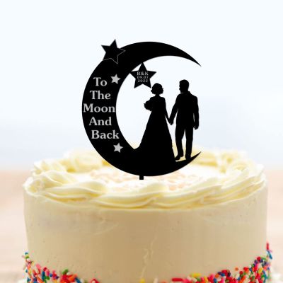 Wedding Topper To The Moon And Back Moon Star Wedding Anniversary Engagement Last Name Est Date Black Couple Initials Calligraphy Monogram Elegant Cake Topper Mr&Mrs Cake Topper Wedding Cake Topper