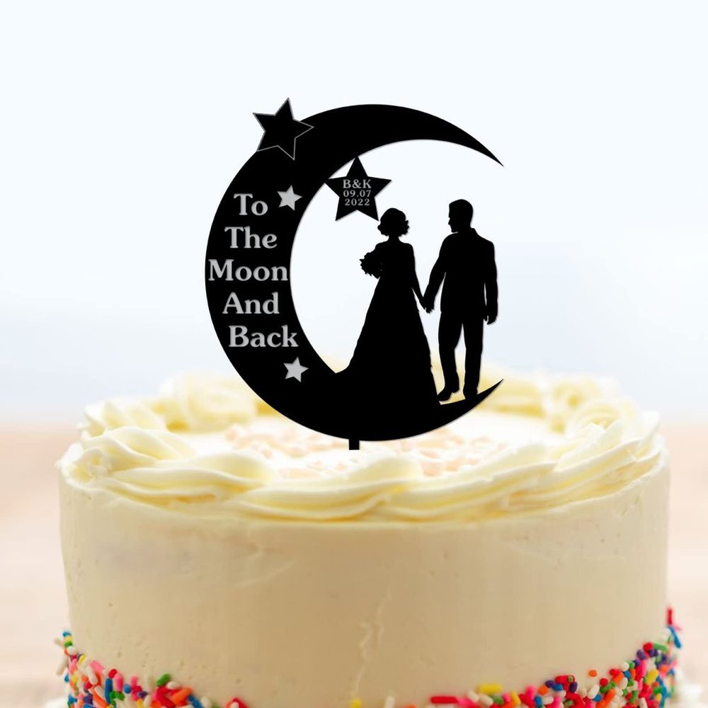 Wedding Topper To The Moon And Back Moon Star Wedding Anniversary Engagement Last Name Est Date Black Couple Initials Calligraphy Monogram Elegant Cake Topper Mr&Mrs Cake Topper Wedding Cake Topper