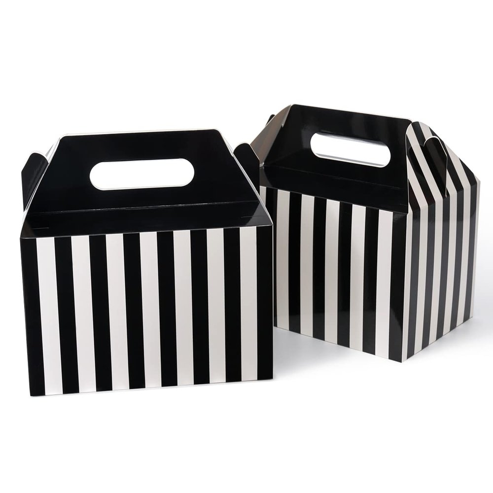 Happyhiram 50 Pcs Large Gift Boxes with Handles Black and White Stripes, 9x6x6 Gable Gift Boxes Party Favor Boxes Barn Style Carry Out Box Recyclable Lunch Boxes Paper for Food Kids Birthday
