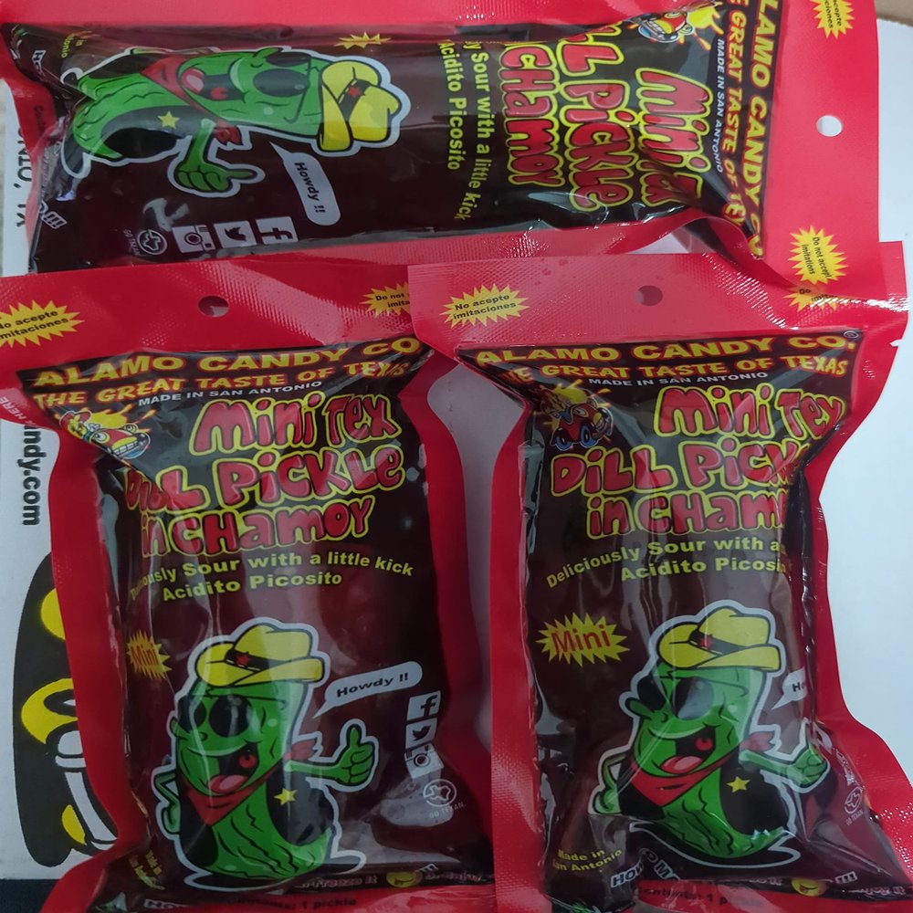 Alamo Candy Mini Tex Dill Pickle In Chamoy - Three Pickles & One NG Joy Sticker - Individually Wrapped - Made In San Antonio, Texas, 24.0 Ounce