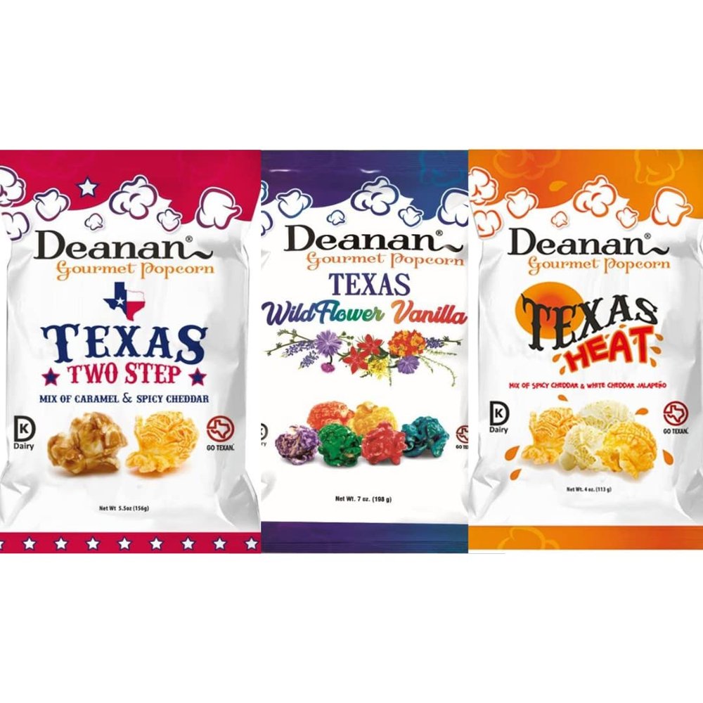 Deanan Gourmet Popcorn Texas 3 Pack-Three 7 oz Sharable Bags of Texan Made & Texan Themed Flavored Popcorn From Spicy to Sweet- Includes Texas Two Step, Texas Heat, & Texas Vanilla Wildflower- Gluten Free, Non-GMO, USA Made