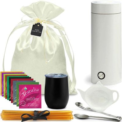 Organic Tea Gift Set with Portable Kettle (25 Piece) Tea Lovers Basket for Women or Men | Birthday Present (Christmas Xmas Mom Mother Teacher Co-Worker)