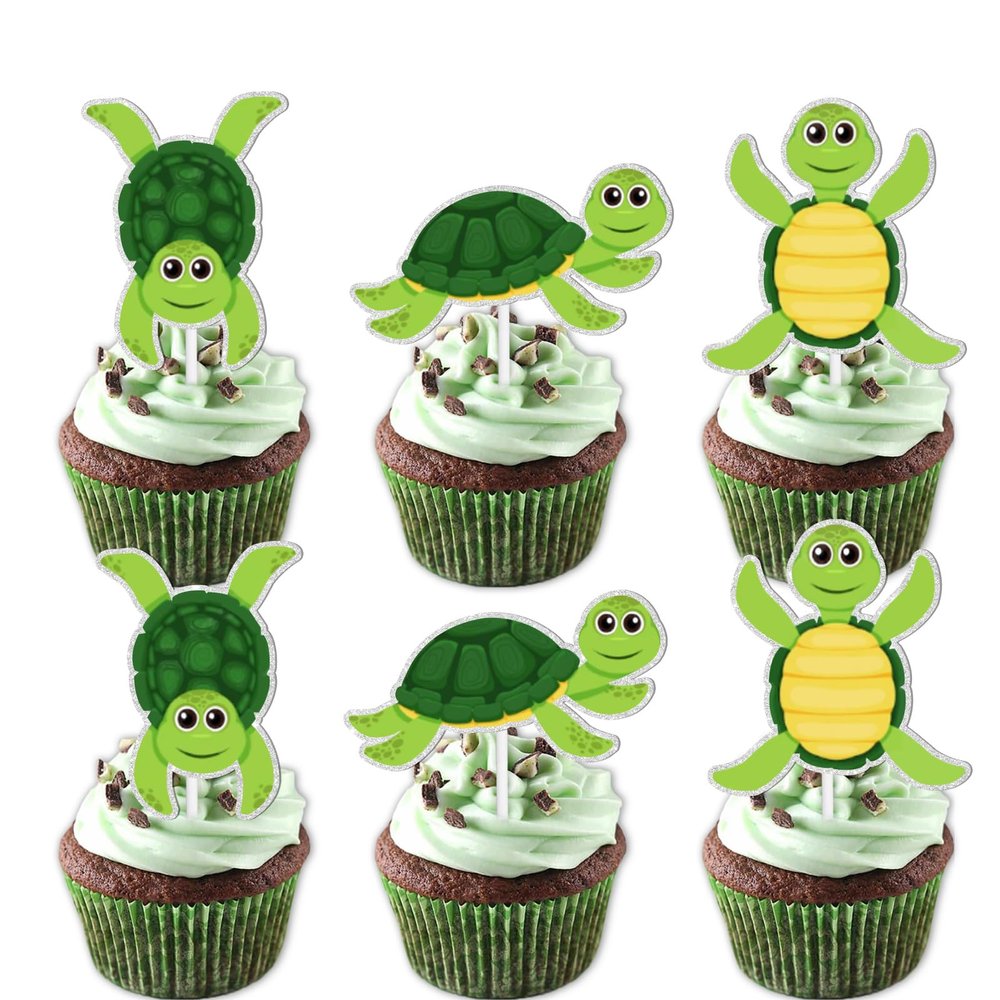 18pcs Green Glitter Turtle Dessert Cupcake Topper Ocean Sea Theme `Decor Supplies Baby Shower Boy Girl Happy Birthday Party Anniversary Wedding Decorations