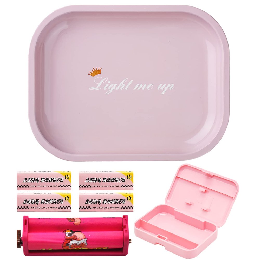 7Pcs Pink Rolling Paper Kit-1 1/4 Rolling Paper, 4 Booklets 78MM Rolling Papers, 7"x5.5" Rolling Tray, Storage Box, 78MM Rolling Machine/Roller (Pink Kit)