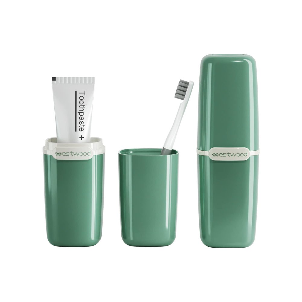 HyJeryty Green Toothbrush Travel Case, Portable Travel Toothbrush & Toothpaste Holder Cover Organizer Container with Mouthwash Cup for School, Camping, Business Trip, Bathroom Storage