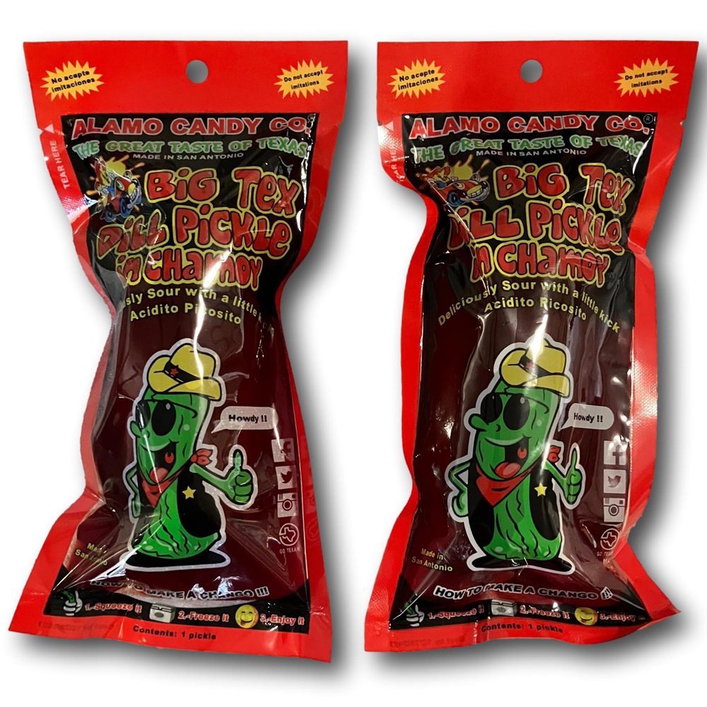 Pack of 2 Alamo Candy Big Tex Dill Pickle in Chamoy - Individually Wrapped - Made in San Antonio, Texas - Large Pickles