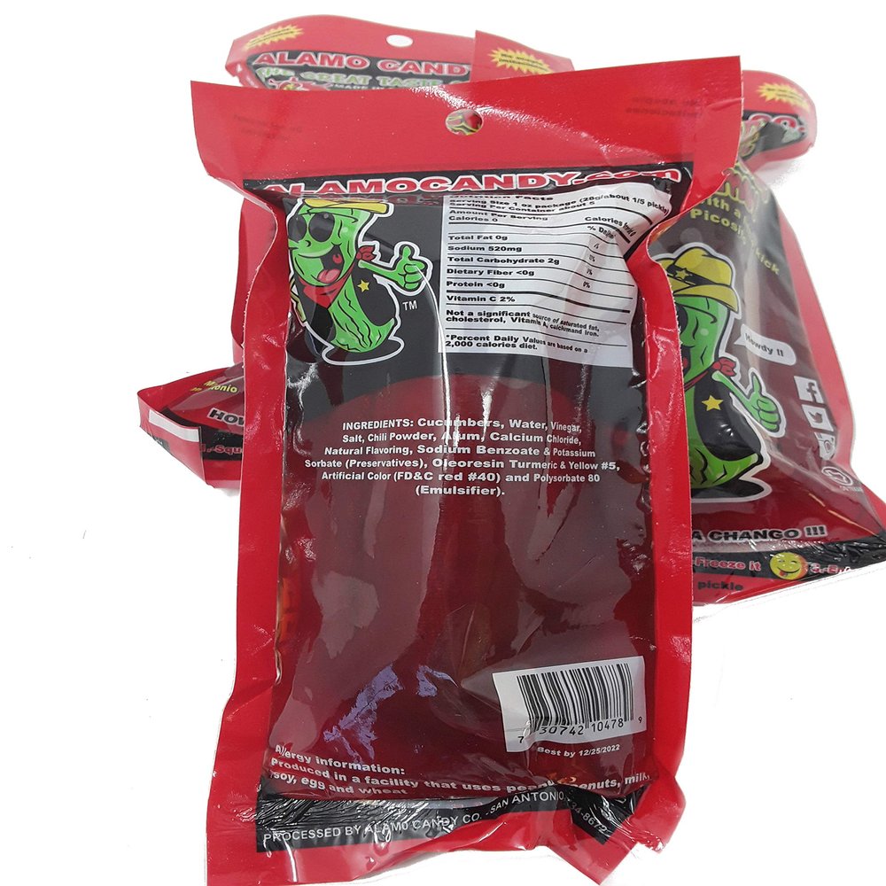 Pack of 4 Alamo Candy Big Tex Dill Pickle in Chamoy - Three Pickles - Individually Wrapped - Made in San Antonio, Texas - Large Pickles, 1.0 Count