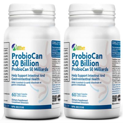 Allbe ProbioCan - Probiotic 50 Billion CFU (60 Servings), 11 Strains of Lactobacillus & Bifidobacteria, Supports Digestive Health & Immune Function, Probiotics for Women & Men - Pack of 2