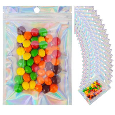 100 Pieces Resealable Mylar Bags, 4x6 Mylar Bags with Window, Small Holographic Packaging Bags for Food Storage/Jewelry/Eyelash for Small Business (Holographic, 4.1x5.9 Inch)