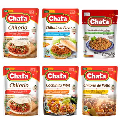 Chata Variety Pack, Mexican Shredded Meats with Pork, Chicken, Turkey and Pork Crackling, 8.8 oz (Pack of 6)