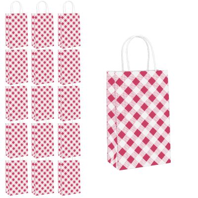 ECOHOLA Magenta Gingham Paper Bags, 16 Pieces Fuchsia Plaid Bags Goodie Bags Party Paper Bags with Handles, 9x5.5x3.2 Inches