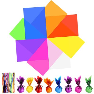 Tallew 16 Pcs Large 28 x 40 Inch Cellophane Sheets Cello Wraps Colored Cellophane Paper Transparent Colored Gift Transparency Wrap with 240 Pcs Metallic Twist Ties, for DIY Arts Crafts Gifts Wrapping