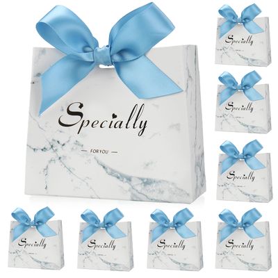 SWANGSA 50 Pack Small Party Gift Bags, Marble Mini Thank You Bags with Blue Bow Ribbon, 4.5x1.8x3.Inches, Paper Favor Bags for Wedding Birthday Baby Shower Party Bridesmaid Valentines Day