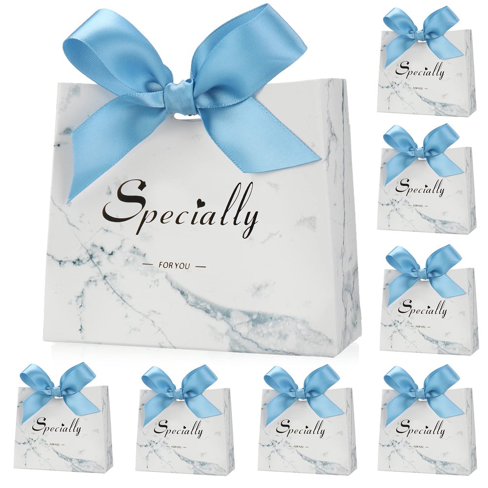 SWANGSA 50 Pack Small Party Gift Bags, Marble Mini Thank You Bags with Blue Bow Ribbon, 4.5x1.8x3.Inches, Paper Favor Bags for Wedding Birthday Baby Shower Party Bridesmaid Valentines Day