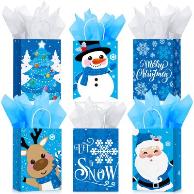 24 Pcs Merry Christmas Kraft Paper Goodie Bags with Handles - Bulk Wrapping with Tissue Paper - Snowman, Small